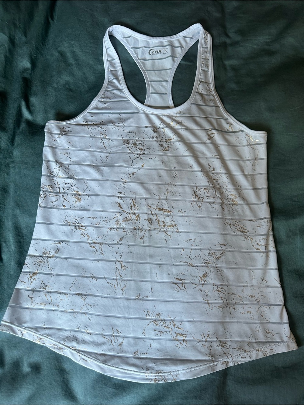 Zyia Stay Gold Havana White Racerback Tank Top with Subtle Gold Print Small